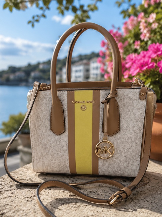 Michael Kors Handbags - Michael Kors Dillon Small
Saffiano Leather Top Zip Bag
Yellow and Brown Stripes